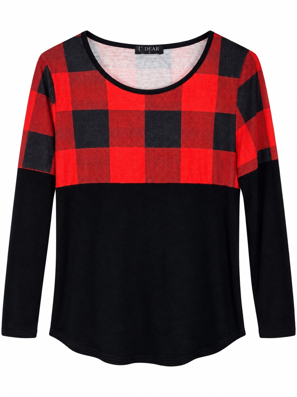 U Dear Women’s Medium Buffalo Plaid Colorblock Long Sleeve Stretch Top